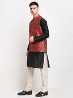 Jompers Men's Black Dupion Silk Kurta with Churidar & Nehru Jacket ( Red ) | Grocsy