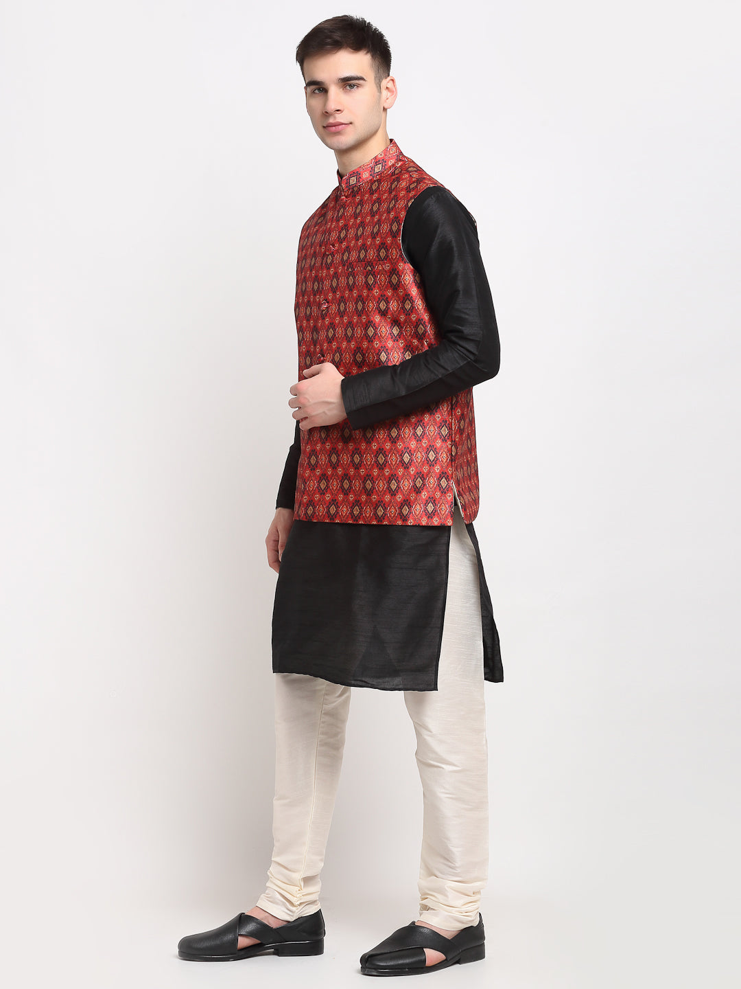 Jompers Men's Black Dupion Silk Kurta with Churidar & Nehru Jacket ( Red ) | Grocsy