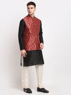 Jompers Men's Black Dupion Silk Kurta with Churidar & Nehru Jacket ( Red ) | Grocsy