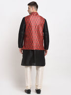 Jompers Men's Black Dupion Silk Kurta with Churidar & Nehru Jacket ( Red ) | Grocsy