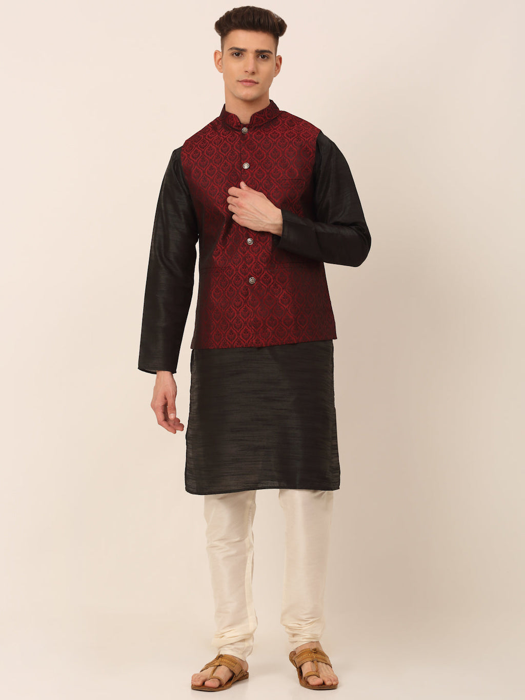 Jompers Men's Woven Design Nehru Jacket and Kurta Pyjama Set - Maroon | Grocsy