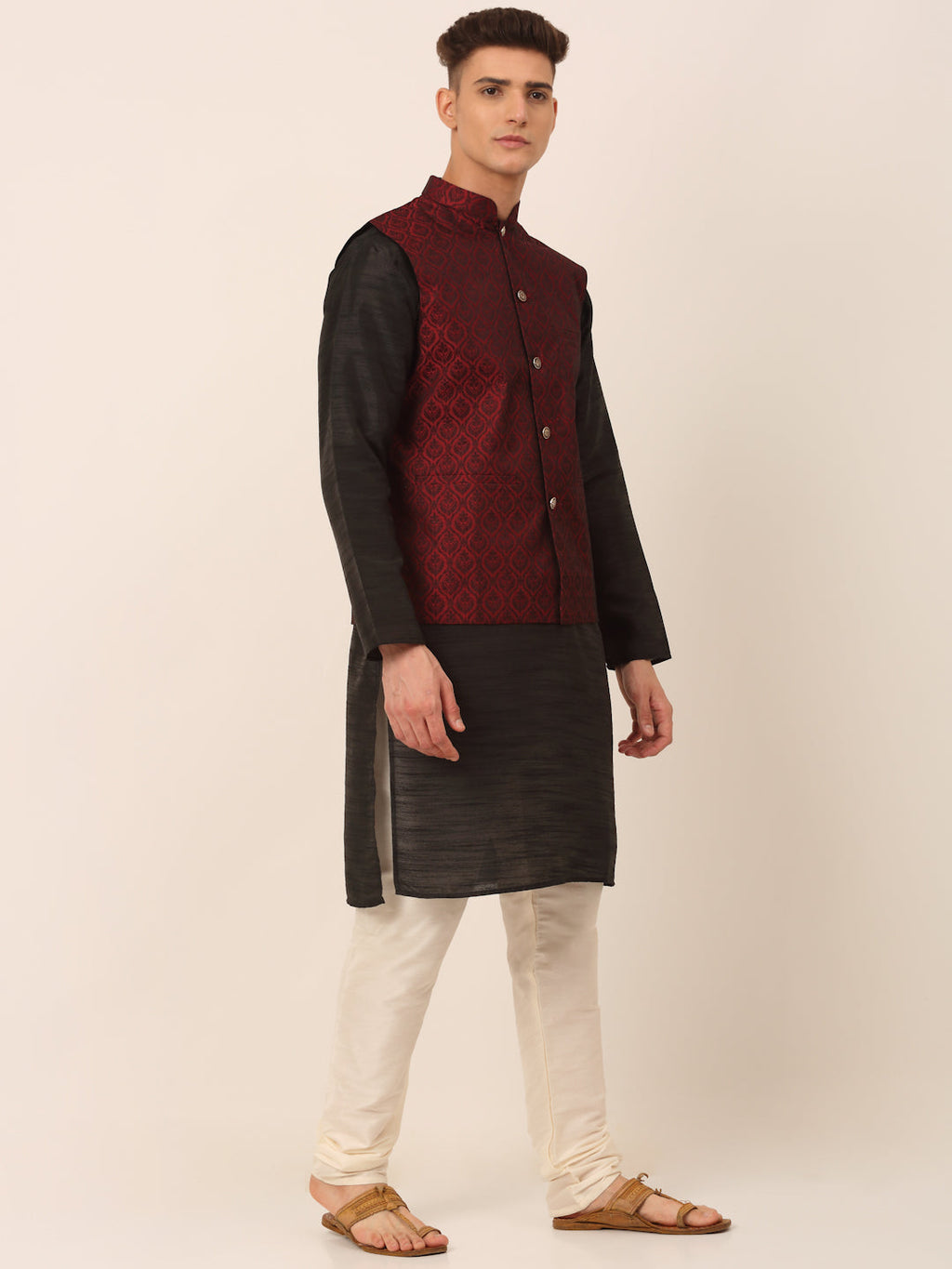 Jompers Men's Woven Design Nehru Jacket and Kurta Pyjama Set - Maroon | Grocsy