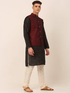 Jompers Men's Woven Design Nehru Jacket and Kurta Pyjama Set - Maroon | Grocsy