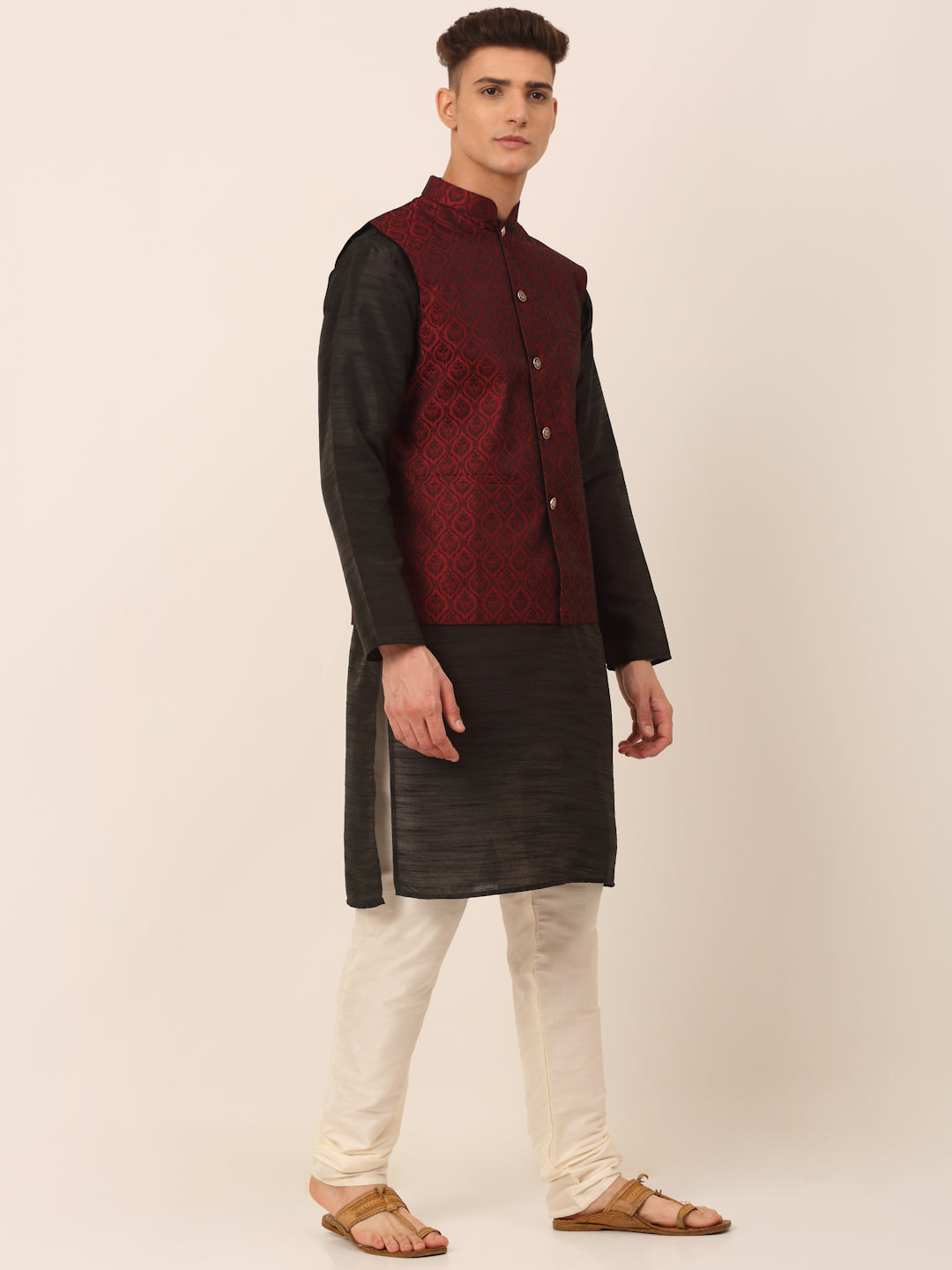 Jompers Men's Woven Design Nehru Jacket and Kurta Pyjama Set - Maroon | Grocsy