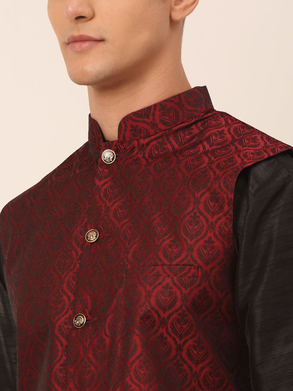 Jompers Men's Woven Design Nehru Jacket and Kurta Pyjama Set - Maroon | Grocsy