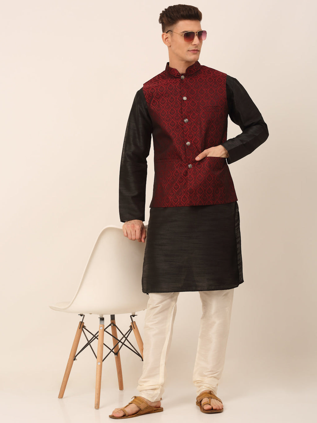 Jompers Men's Woven Design Nehru Jacket and Kurta Pyjama Set - Maroon | Grocsy