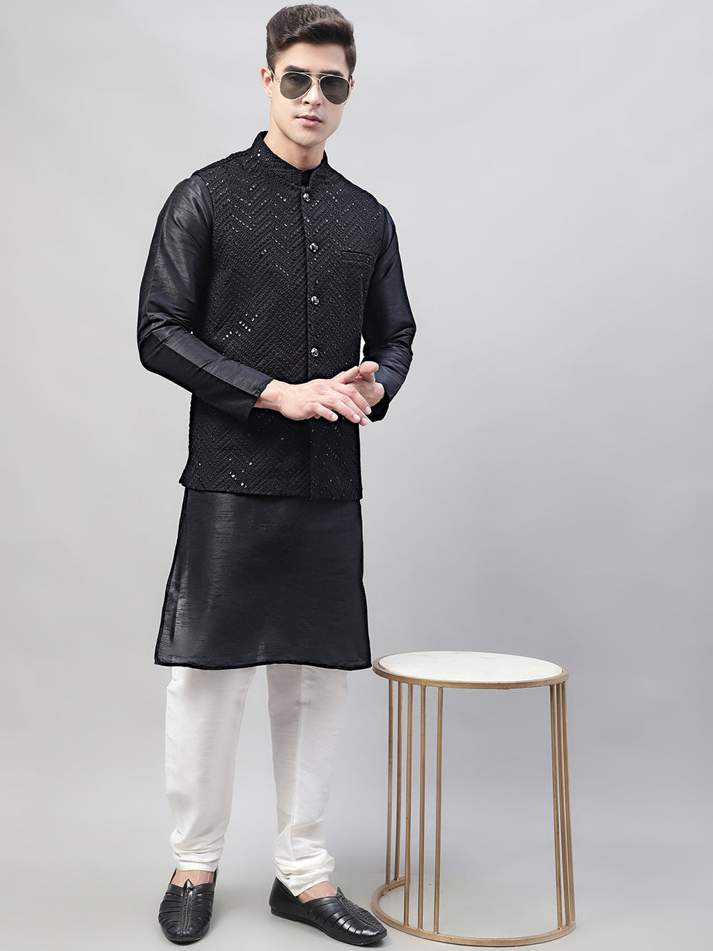 Jompers Men's Black Solid Kurta Pyjama with Black Embroidered Nehru Jacket | Grocsy