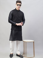Jompers Men's Black Solid Kurta Pyjama with Black Embroidered Nehru Jacket | Grocsy