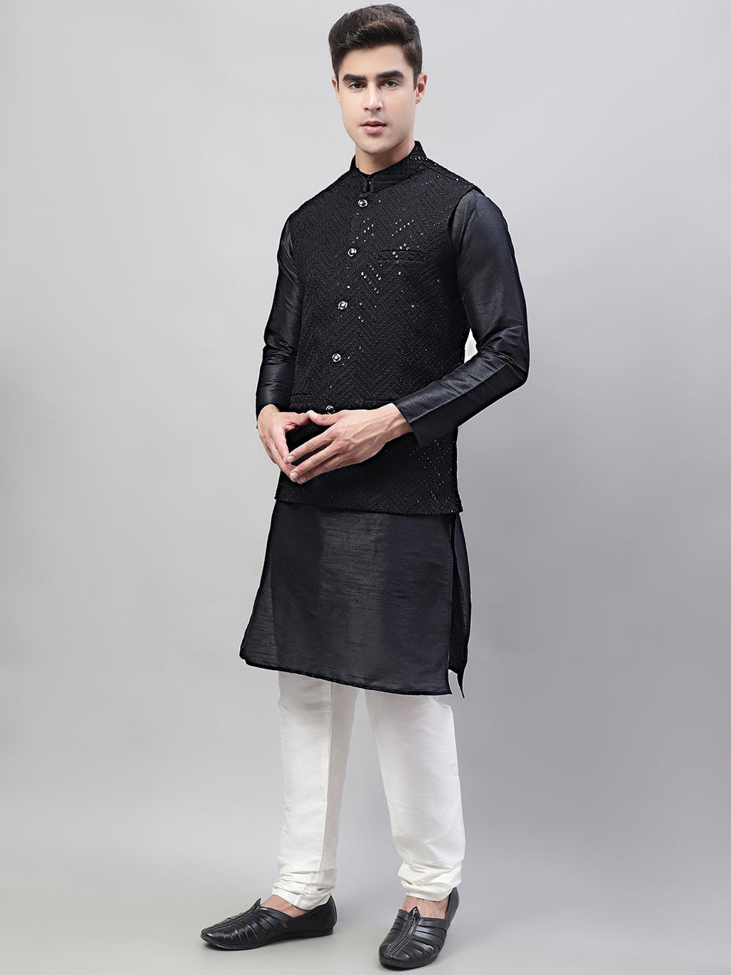 Jompers Men's Black Solid Kurta Pyjama with Black Embroidered Nehru Jacket | Grocsy