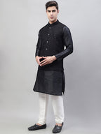 Jompers Men's Black Solid Kurta Pyjama with Black Embroidered Nehru Jacket | Grocsy