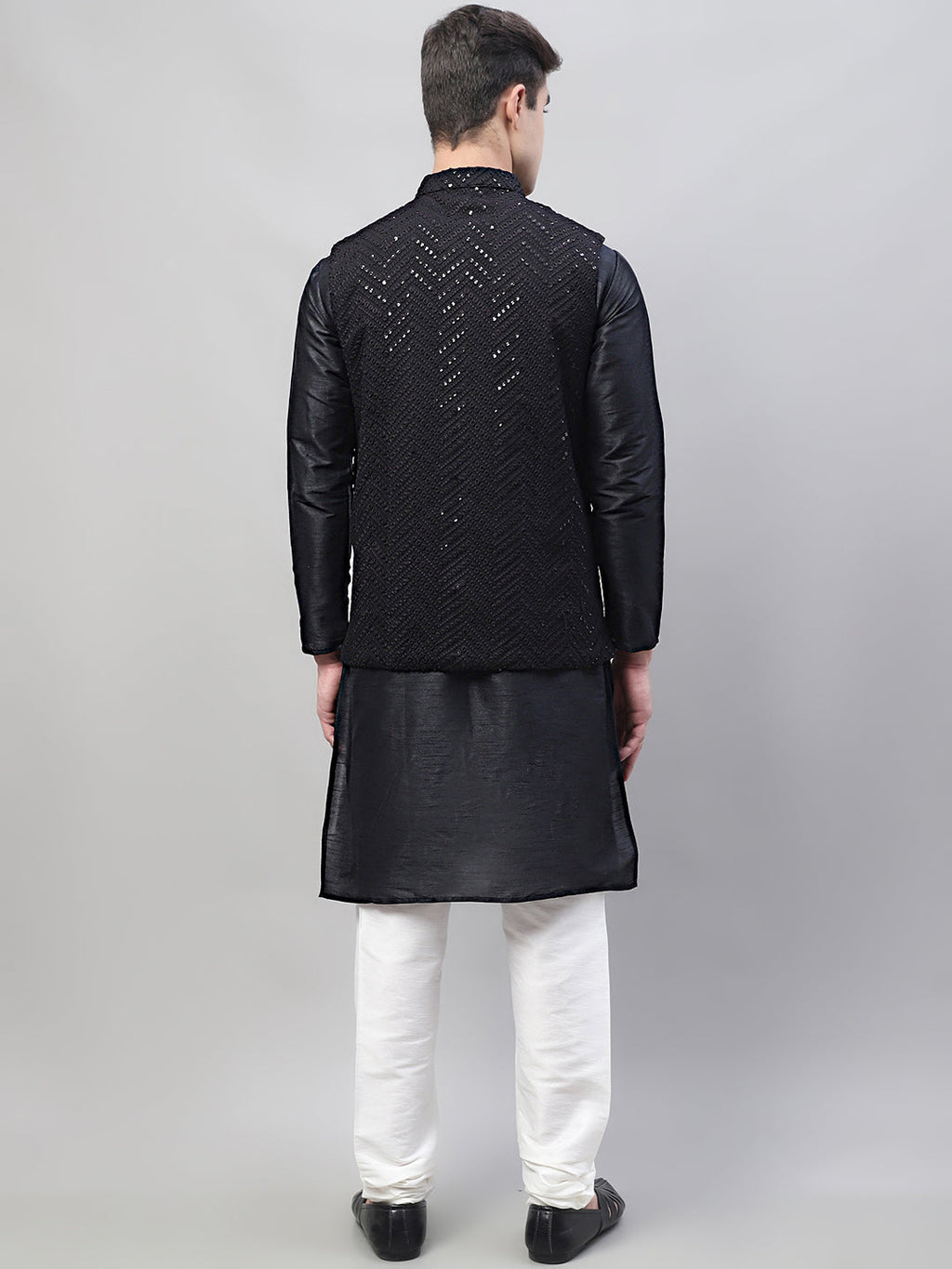 Jompers Men's Black Solid Kurta Pyjama with Black Embroidered Nehru Jacket | Grocsy