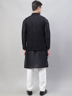 Jompers Men's Black Solid Kurta Pyjama with Black Embroidered Nehru Jacket | Grocsy