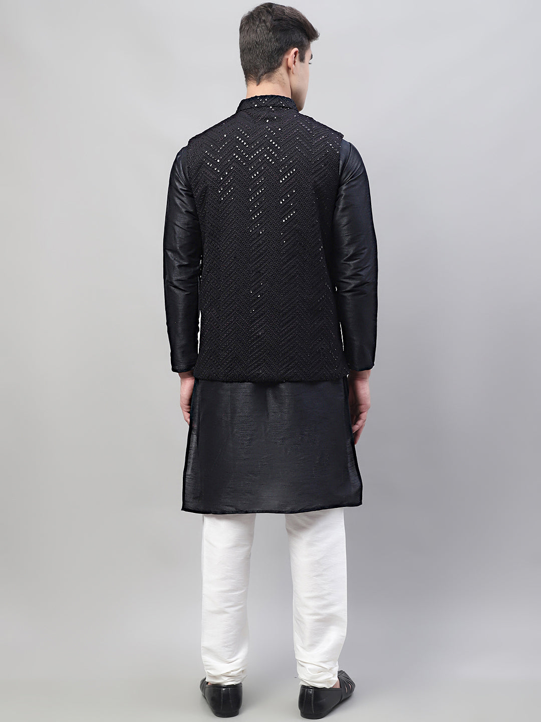 Jompers Men's Black Solid Kurta Pyjama with Black Embroidered Nehru Jacket | Grocsy