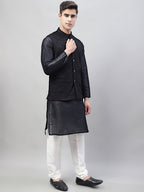 Jompers Men's Black Solid Kurta Pyjama with Black Embroidered Nehru Jacket | Grocsy