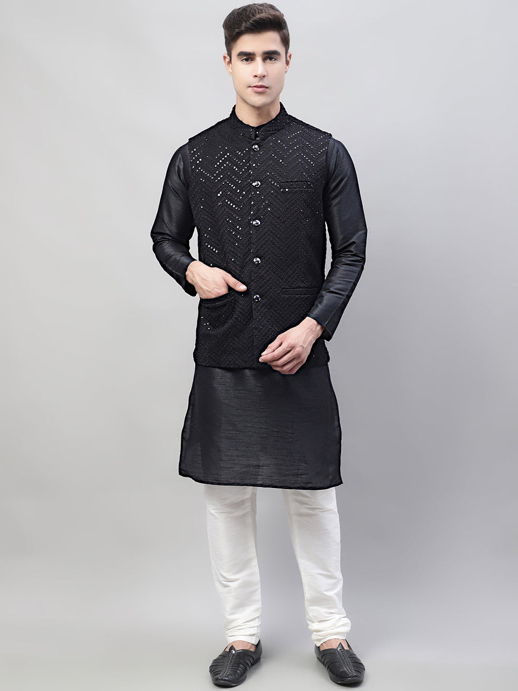 Jompers Men's Black Solid Kurta Pyjama with Black Embroidered Nehru Jacket | Grocsy