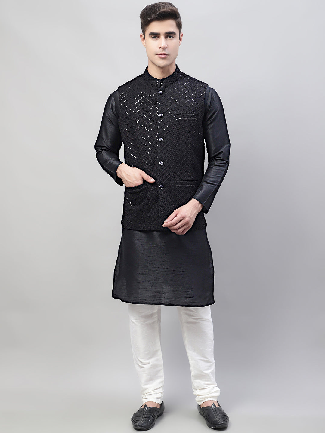 Jompers Men's Black Solid Kurta Pyjama with Black Embroidered Nehru Jacket | Grocsy