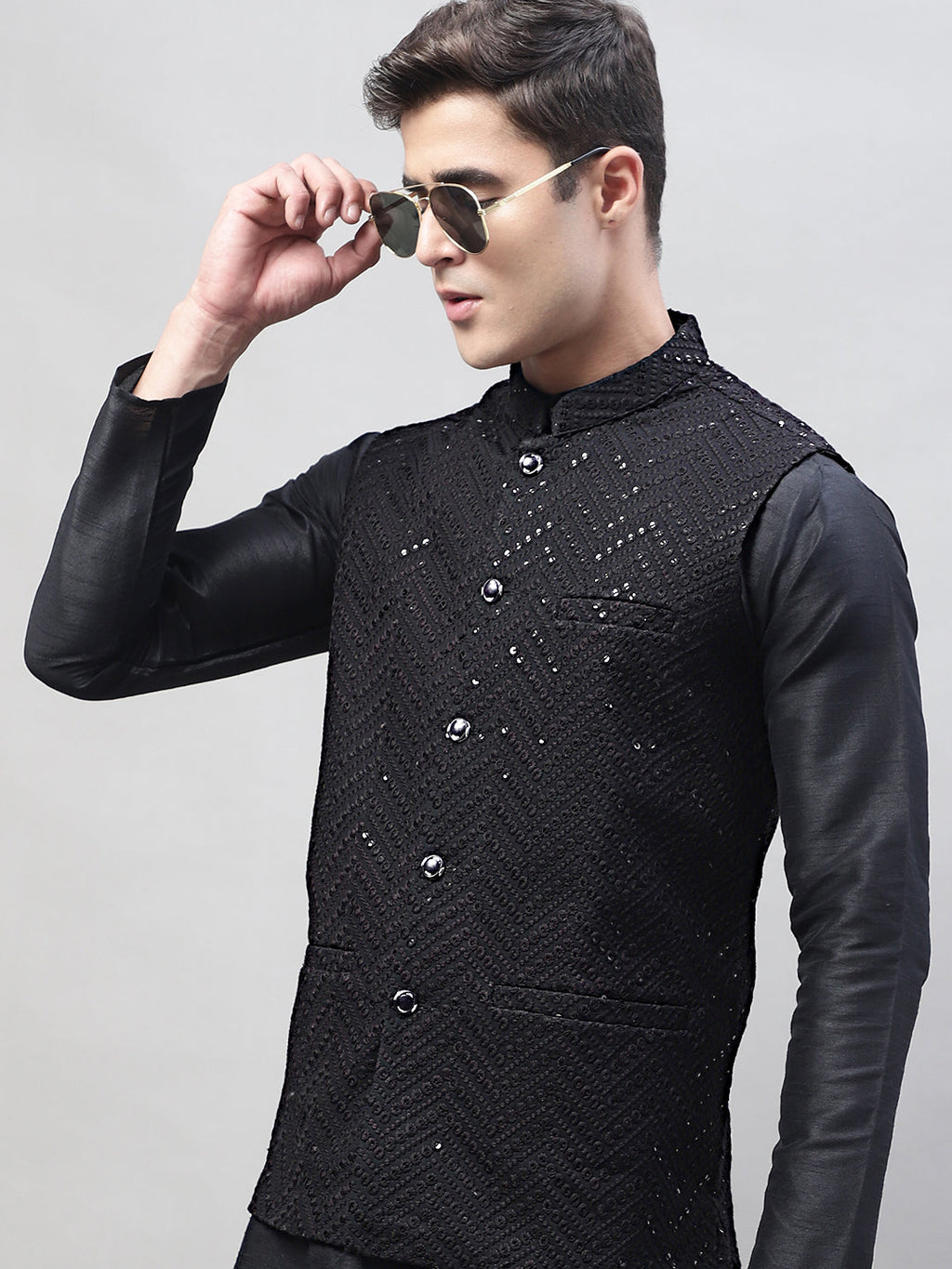 Jompers Men's Black Solid Kurta Pyjama with Black Embroidered Nehru Jacket | Grocsy
