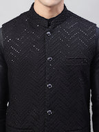 Jompers Men's Black Solid Kurta Pyjama with Black Embroidered Nehru Jacket | Grocsy
