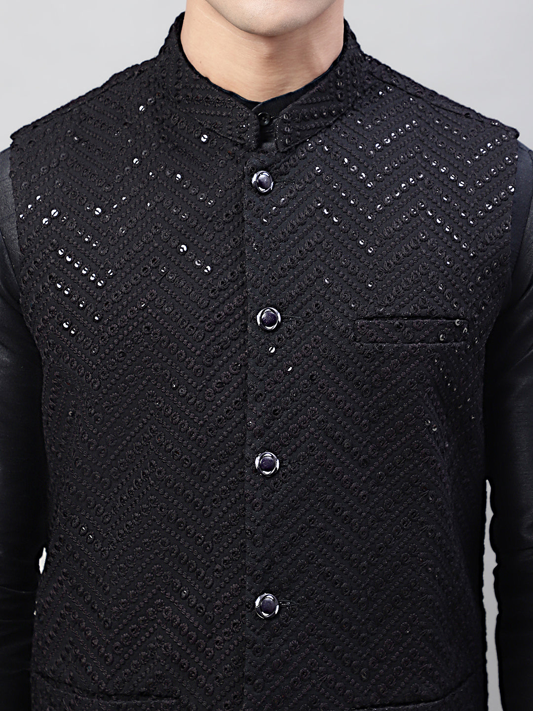 Jompers Men's Black Solid Kurta Pyjama with Black Embroidered Nehru Jacket | Grocsy
