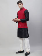 Jompers Men's Black Solid Kurta Pyjama with Maroon Embroidered Nehru Jacket | Grocsy
