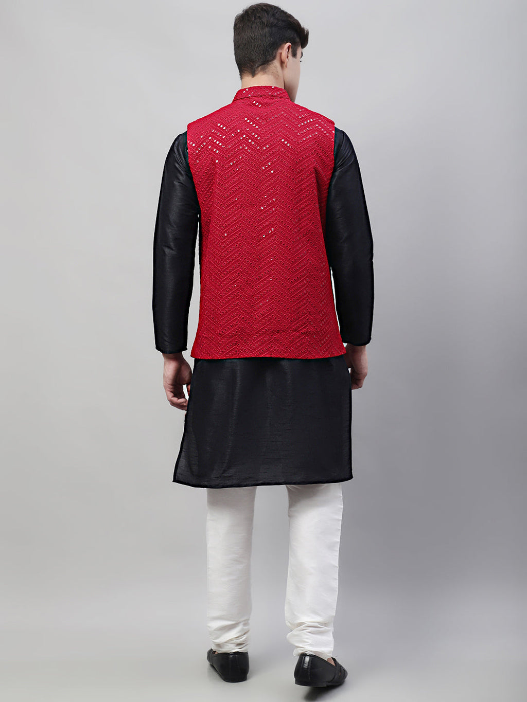 Jompers Men's Black Solid Kurta Pyjama with Maroon Embroidered Nehru Jacket | Grocsy