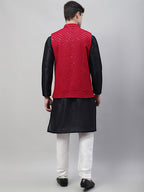 Jompers Men's Black Solid Kurta Pyjama with Maroon Embroidered Nehru Jacket | Grocsy