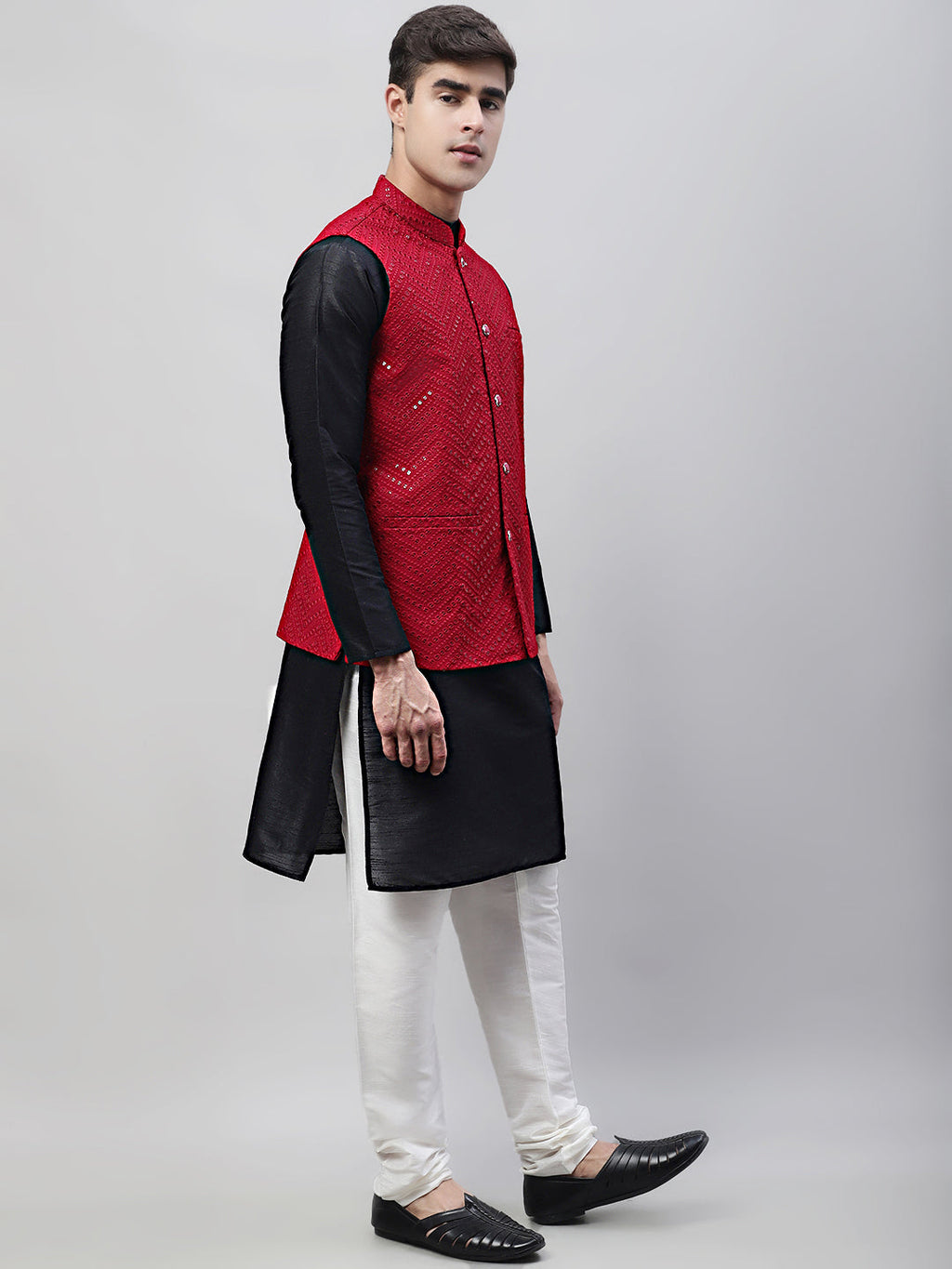 Jompers Men's Black Solid Kurta Pyjama with Maroon Embroidered Nehru Jacket | Grocsy