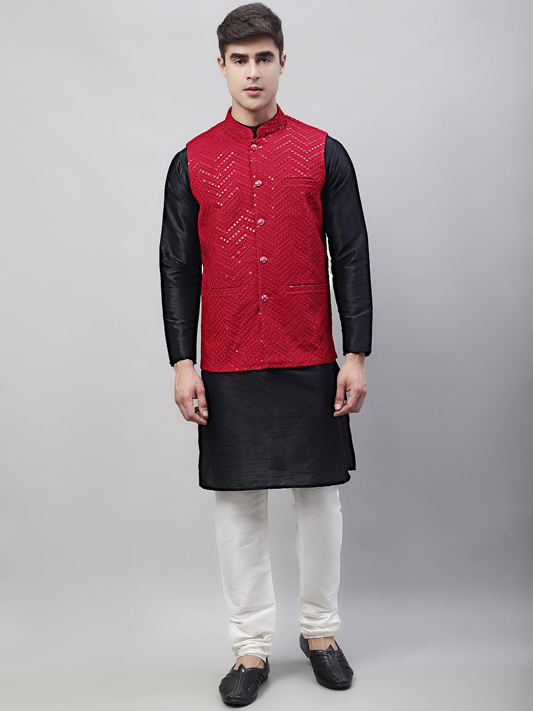 Jompers Men's Black Solid Kurta Pyjama with Maroon Embroidered Nehru Jacket | Grocsy