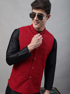 Jompers Men's Black Solid Kurta Pyjama with Maroon Embroidered Nehru Jacket | Grocsy