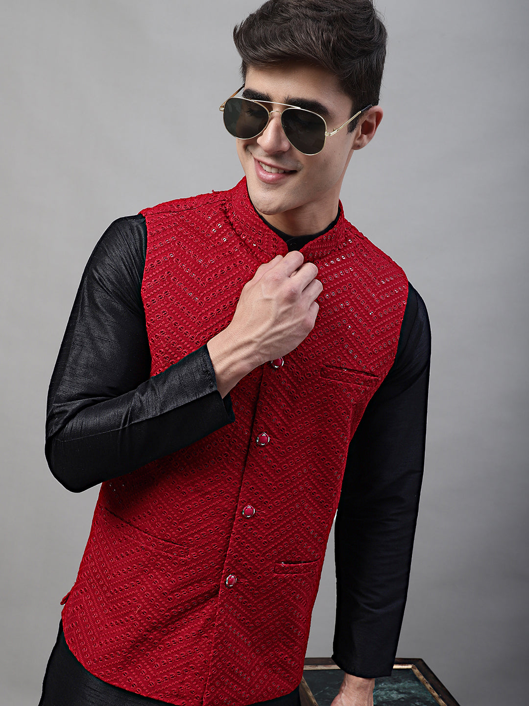 Jompers Men's Black Solid Kurta Pyjama with Maroon Embroidered Nehru Jacket | Grocsy