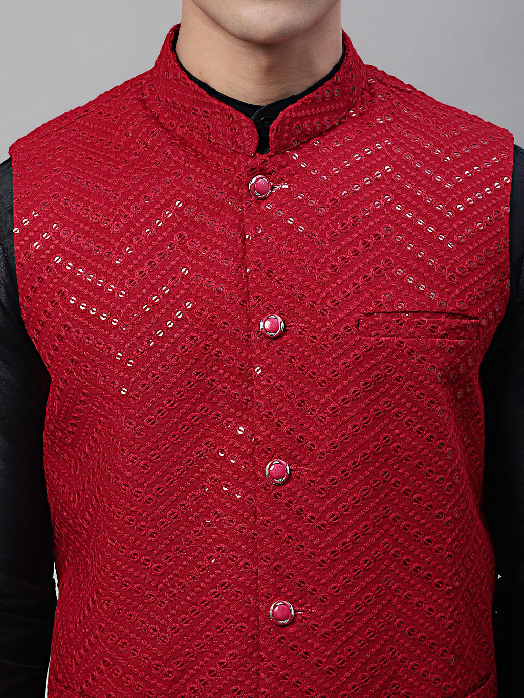 Jompers Men's Black Solid Kurta Pyjama with Maroon Embroidered Nehru Jacket | Grocsy
