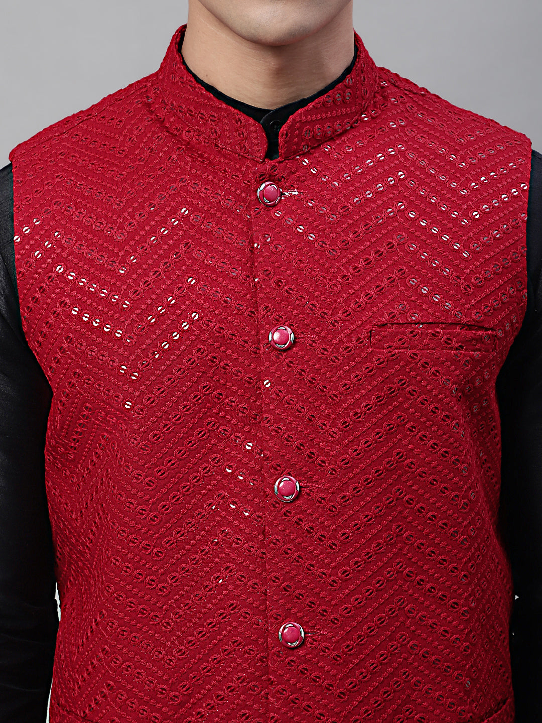 Jompers Men's Black Solid Kurta Pyjama with Maroon Embroidered Nehru Jacket | Grocsy