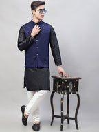 Jompers Men's Black Solid Kurta Pyjama with Navy Blue Embroidered Nehru Jacket | Grocsy