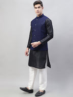 Jompers Men's Black Solid Kurta Pyjama with Navy Blue Embroidered Nehru Jacket | Grocsy