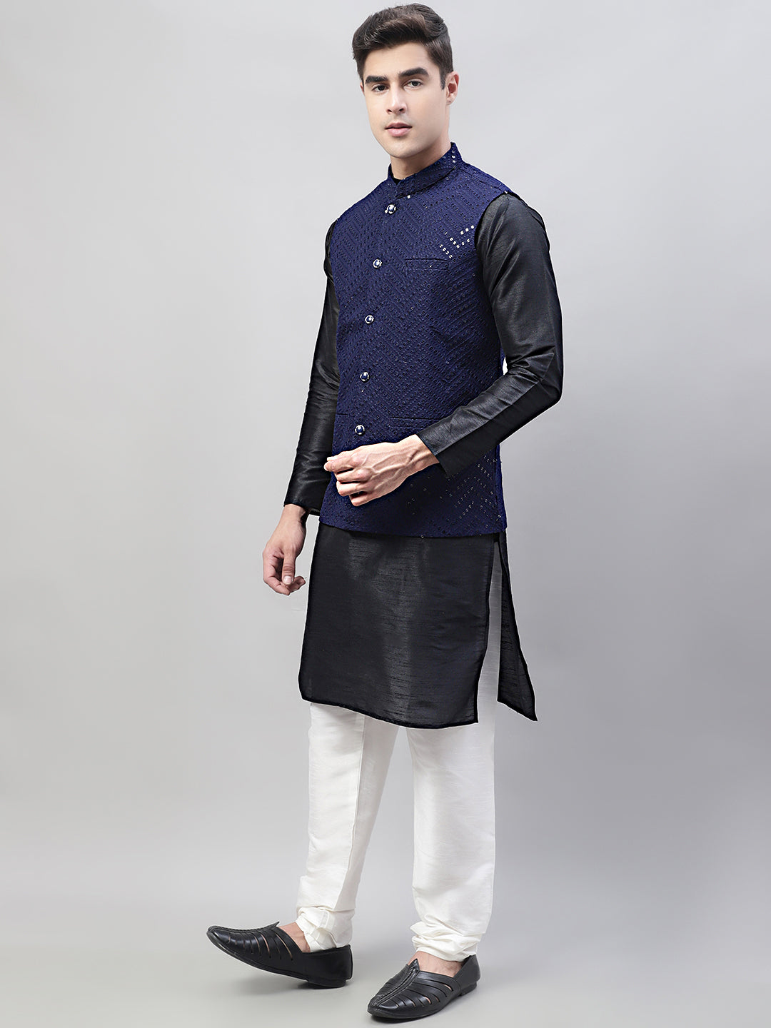 Jompers Men's Black Solid Kurta Pyjama with Navy Blue Embroidered Nehru Jacket | Grocsy