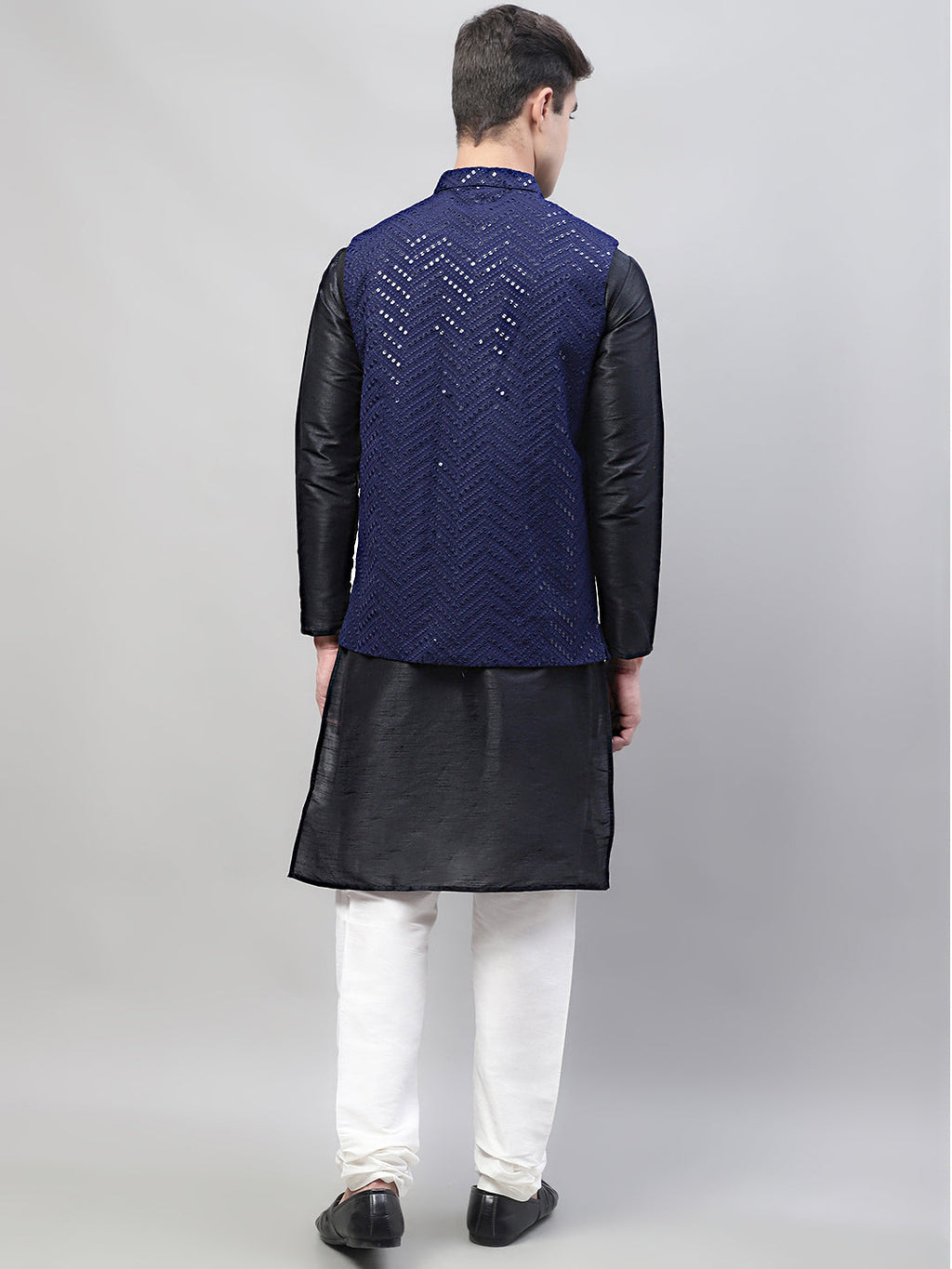 Jompers Men's Black Solid Kurta Pyjama with Navy Blue Embroidered Nehru Jacket | Grocsy