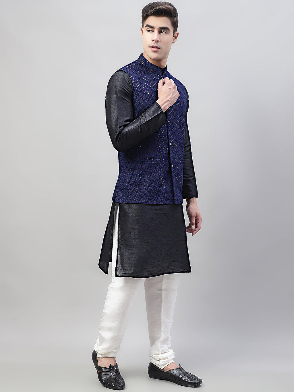 Jompers Men's Black Solid Kurta Pyjama with Navy Blue Embroidered Nehru Jacket | Grocsy