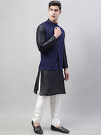 Jompers Men's Black Solid Kurta Pyjama with Navy Blue Embroidered Nehru Jacket | Grocsy