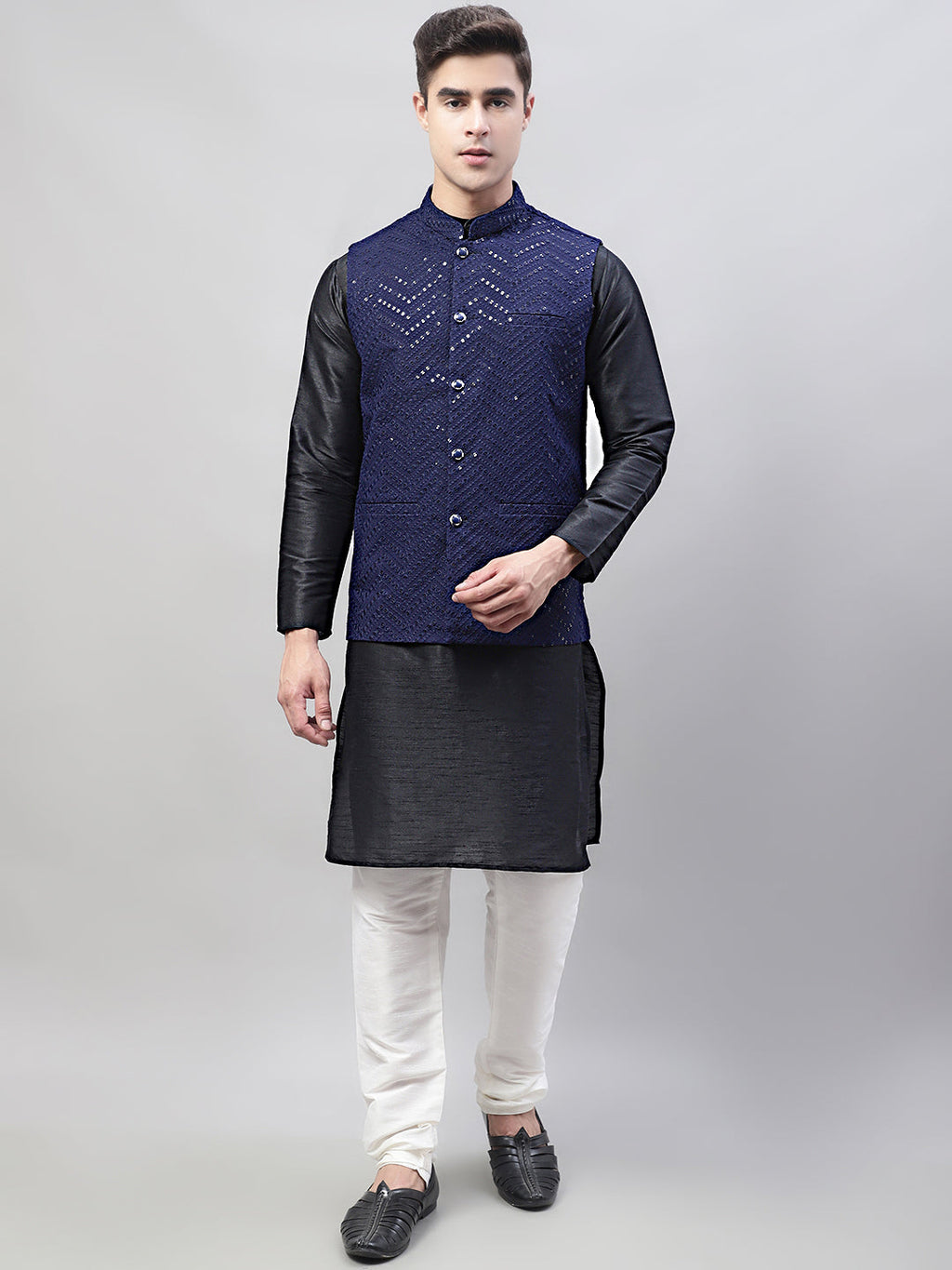 Jompers Men's Black Solid Kurta Pyjama with Navy Blue Embroidered Nehru Jacket | Grocsy