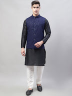 Jompers Men's Black Solid Kurta Pyjama with Navy Blue Embroidered Nehru Jacket | Grocsy