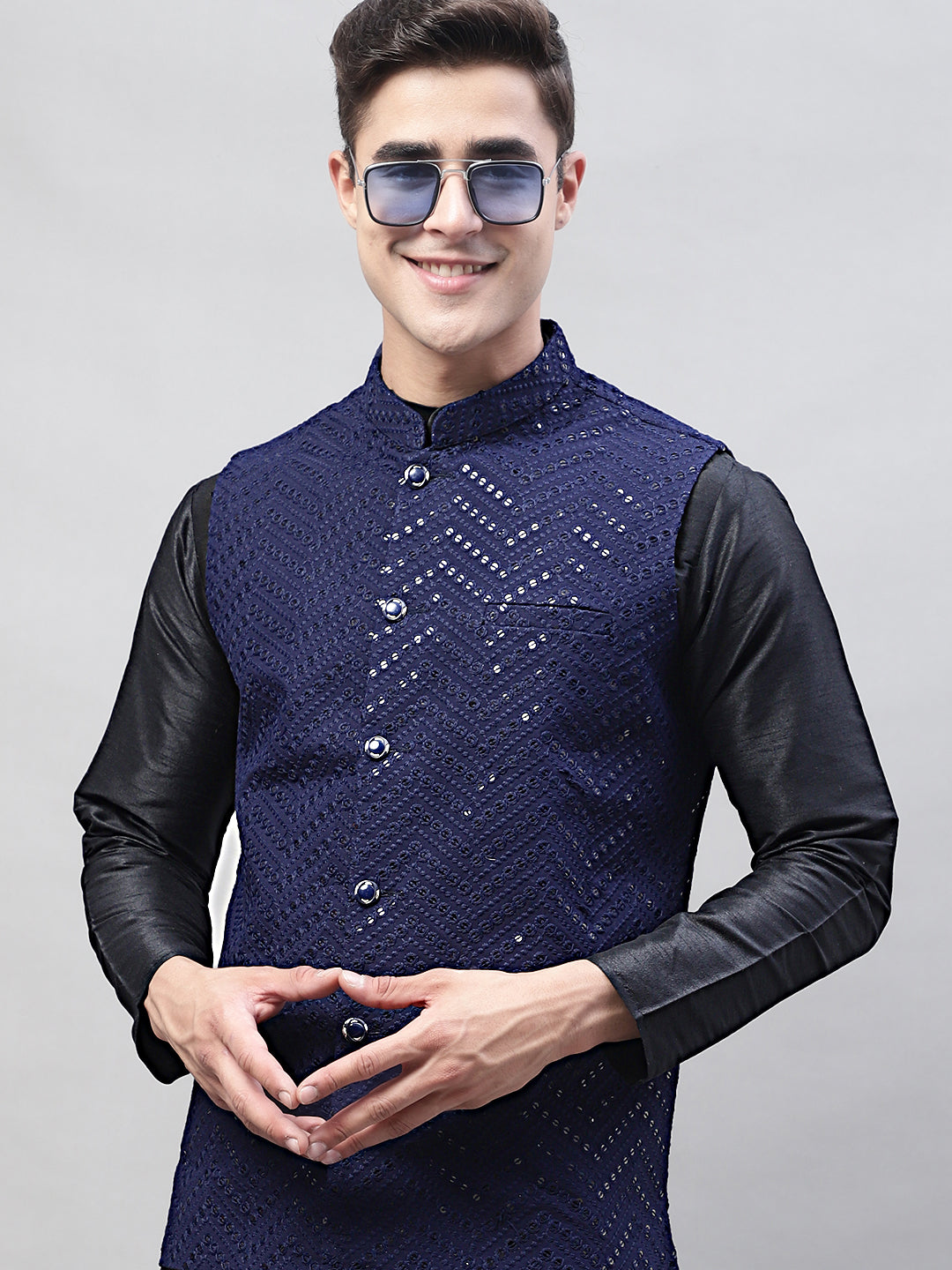 Jompers Men's Black Solid Kurta Pyjama with Navy Blue Embroidered Nehru Jacket | Grocsy