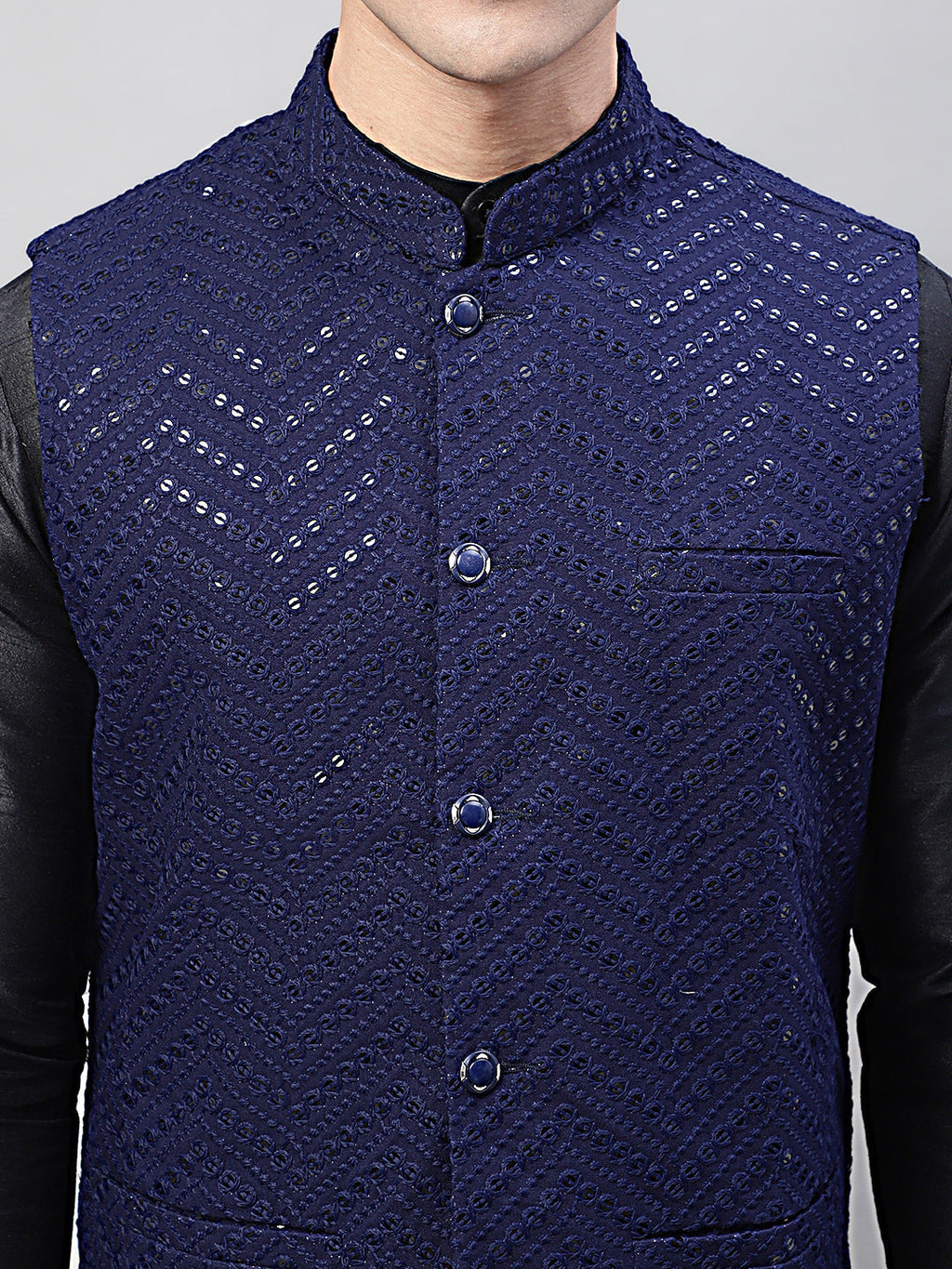 Jompers Men's Black Solid Kurta Pyjama with Navy Blue Embroidered Nehru Jacket | Grocsy