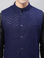 Jompers Men's Black Solid Kurta Pyjama with Navy Blue Embroidered Nehru Jacket | Grocsy