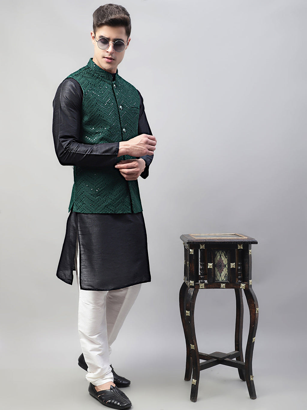 Jompers Men's Black Solid Kurta Pyjama with Olive Green Embroidered Nehru Jacket | Grocsy