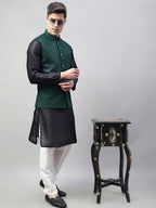 Jompers Men's Black Solid Kurta Pyjama with Olive Green Embroidered Nehru Jacket | Grocsy