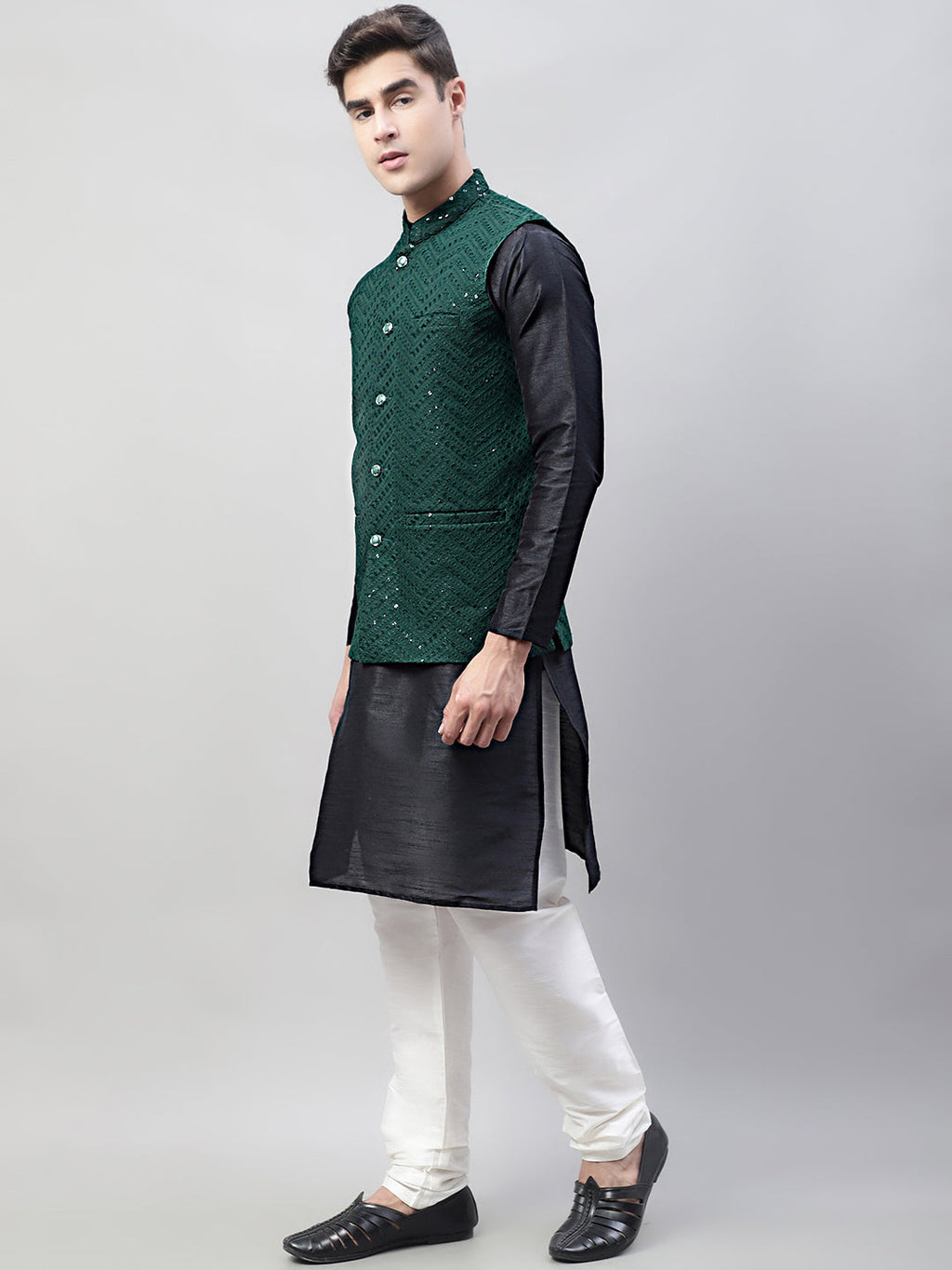 Jompers Men's Black Solid Kurta Pyjama with Olive Green Embroidered Nehru Jacket | Grocsy