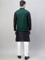 Jompers Men's Black Solid Kurta Pyjama with Olive Green Embroidered Nehru Jacket | Grocsy