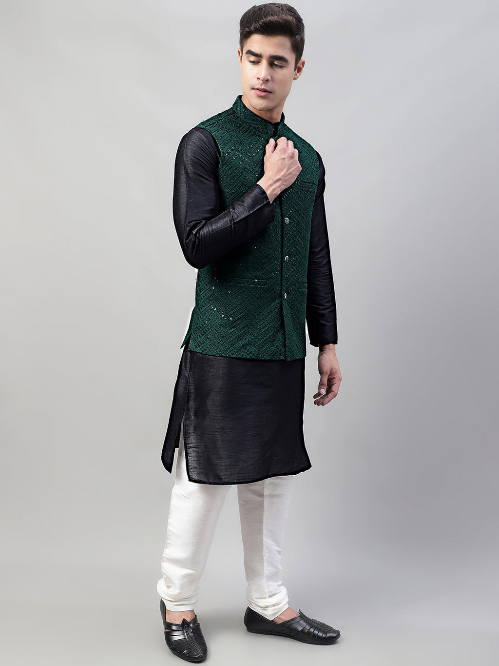 Jompers Men's Black Solid Kurta Pyjama with Olive Green Embroidered Nehru Jacket | Grocsy