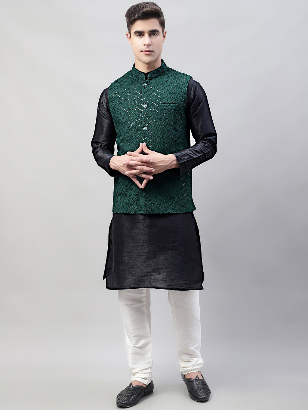 Jompers Men's Black Solid Kurta Pyjama with Olive Green Embroidered Nehru Jacket | Grocsy