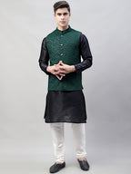 Jompers Men's Black Solid Kurta Pyjama with Olive Green Embroidered Nehru Jacket | Grocsy